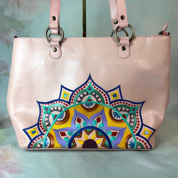 Anuschka Pink Painted & Embroidered Leather Zip Top Tote Crossbody Purse - Picture 2 of 10